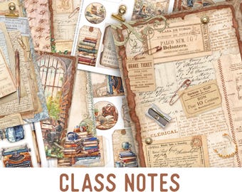 Puede incluir: Un kit de diario de chatarra digital con el título "Class Notes" y el texto "Junk Journal Kit, Journal Pages, Embellishments, Papers". El kit presenta una variedad de papeles, adornos y páginas de diario de inspiración vintage con un tema escolar. Los papeles presentan imágenes de libros, relojes y otros artículos relacionados con la escuela.