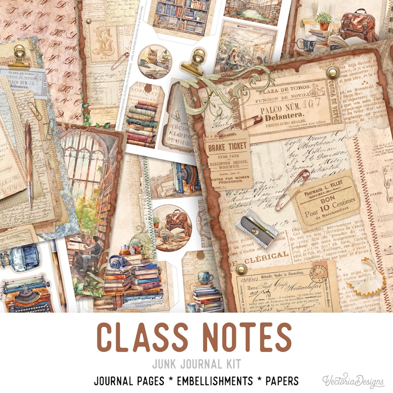 Pode incluir: Um kit de di&aacute;rio de sucata digital com o t&iacute;tulo "Class Notes" e o texto "Junk Journal Kit, Journal Pages, Embellishments, Papers". O kit apresenta uma variedade de pap&eacute;is, enfeites e p&aacute;ginas de di&aacute;rio de inspira&ccedil;&atilde;o vintage com um tema escolar. Os pap&eacute;is apresentam imagens de livros, rel&oacute;gios e outros itens relacionados &agrave; escola.