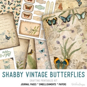 Shabby Vintage Butterflies Crafting Printables Kit, Printable Journal Kit, Journal Ephemera, Scrapbook Journal, Digital Download, 002316