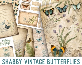 Shabby Vintage Butterflies Crafting Printables Kit, Printable Journal Kit, Journal Ephemera, Scrapbook Journal, Digital Download, 002316