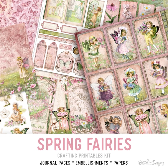Spring Fairies Junk Journal Kit (Standard) - Printable Pages, Papers and Embellishments for Crafting - 002899