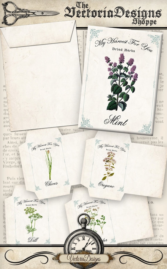Dried Herbs Envelopes Art, Garden Printable Envelopes, Printable Paper Craft, Scrapbook Ephemera, Collage Sheets, Hobby Crafting DIY 000860