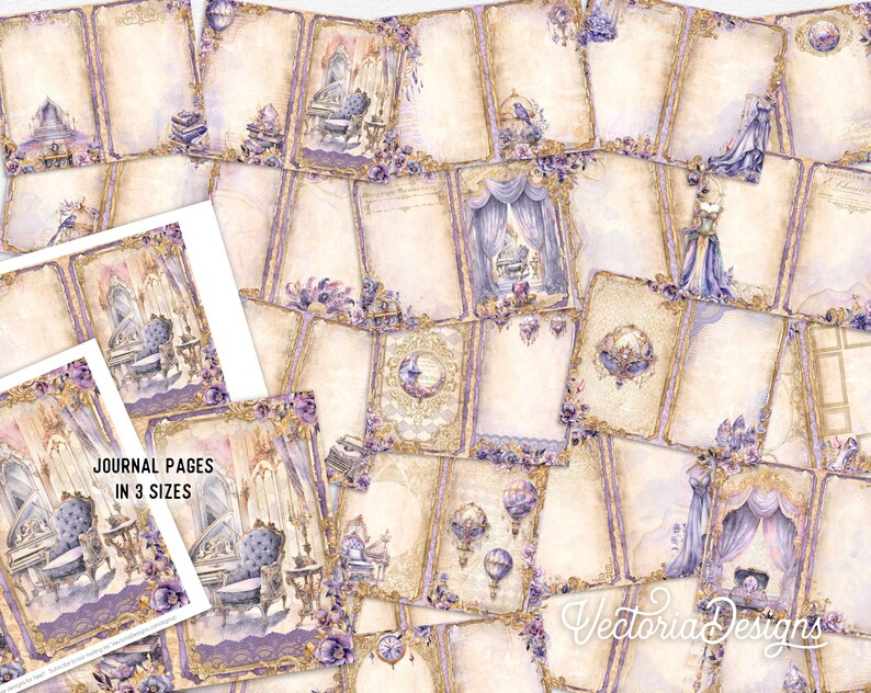 Purple and Gold Junk Journal Kit DELUXE, Purple Gold Crafting Printables Kit Purple Embellishments Printable Paper Craft Kit Tutorial 003318 image 3
