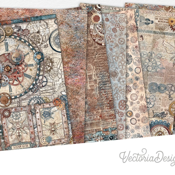 Rusty Steampunk Cogs Paper Pack, Steampunk Paper Pack, Digital Paper, Printable Paper Pack, Crafting Paper, Steampunk Gears, Journal 002629