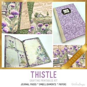 Può includere: Un kit di materiali stampabili per il fai-da-te con pagine di diario, carte e decorazioni a tema cardo. Il set include una copertina per diario con motivo floreale viola e un'etichetta centrale, oltre a pagine decorate con illustrazioni di fiori di cardo viola, scene di giardino e testi antichi.