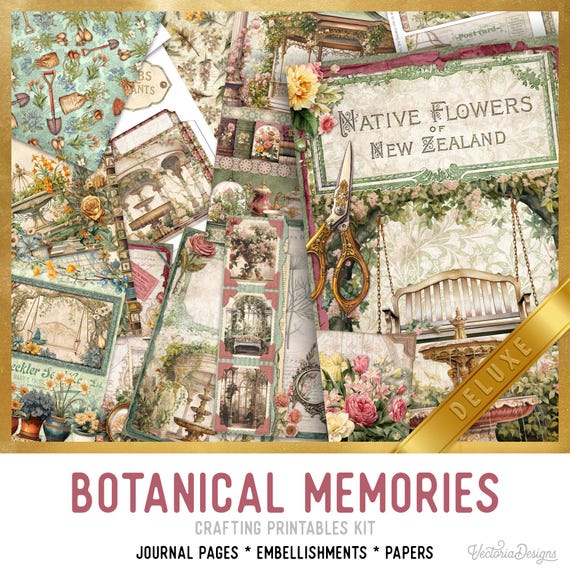 Botanical Memories Junk Journal Kit DELUXE - Printable Pages, Papers and Embellishments for Crafting - 003670
