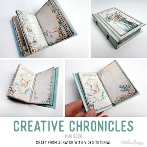 Könnte beinhalten: Ein handgefertigtes Mini-Buch mit hellblauem Einband und Seiten. Die Seiten zeigen Illustrationen im Vintage-Stil von Nähwerkzeugen und floralen Designs. Das Buch ist in mehreren Ansichten geöffnet und zeigt die Innenseiten. Der Text "CREATIVE CHRONICLES" ist zu sehen.