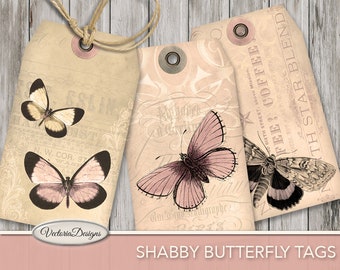 Shabby Butterfly Tags printable paper crafting scrapbooking junk journal sepia gift tags instant download digital collage sheet - 001754