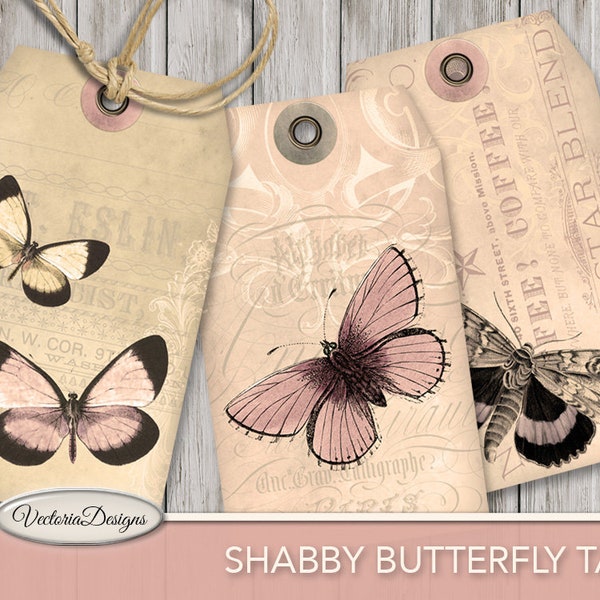 Shabby Butterfly Tags printable paper crafting scrapbooking junk journal sepia gift tags instant download digital collage sheet - 001754