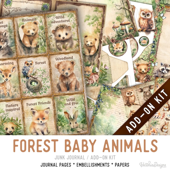 Forest Baby Animals Junk Journal Kit ADD-ON, Printable Craft kit with Journal Pages, Embellishments and Papers - 003274
