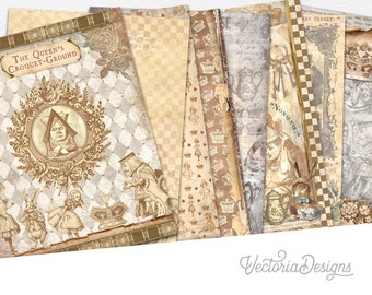 Alice and the Queen Paper Pack, Alice in Wonderland Paper, Digital Paper, Scrapbook Paper, Junk Journal, Crafting,Printable Paper - 002496