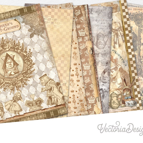 Alice and the Queen Paper Pack, Alice in Wonderland Paper, Digital Paper, Scrapbook Paper, Junk Journal, Crafting,Printable Paper - 002496