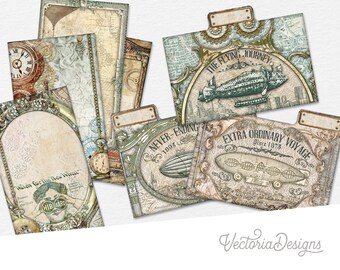 Dirigibles File Folders Kit, Printable File Folders, Steampunk File Folders, Mini File Folders, Junk Journal Embellishments, Crafting 002632