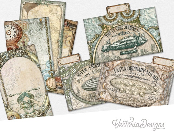 Dirigibles File Folders Kit, Printable File Folders, Steampunk File Folders, Mini File Folders, Junk Journal Embellishments, Crafting 002632