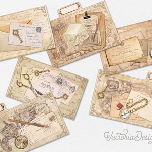 May include: Six vintage-style file folders with decorative designs featuring keys, envelopes, postcards, and antique clocks. The folders have a distressed, aged look and are perfect for organizing documents or adding a touch of vintage charm to your desk.