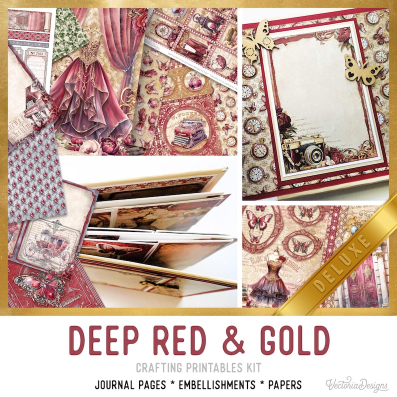 Deep Red & Gold Junk Journal Kit DELUXE, Red Crafting Printables Kit ...