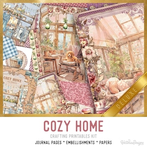 May include: A digital scrapbooking kit with the title "Cozy Home" featuring images of a cozy home interior with floral accents, a window with a view of a garden, and a dog sitting on a chair. The kit includes journal pages, embellishments, and papers.