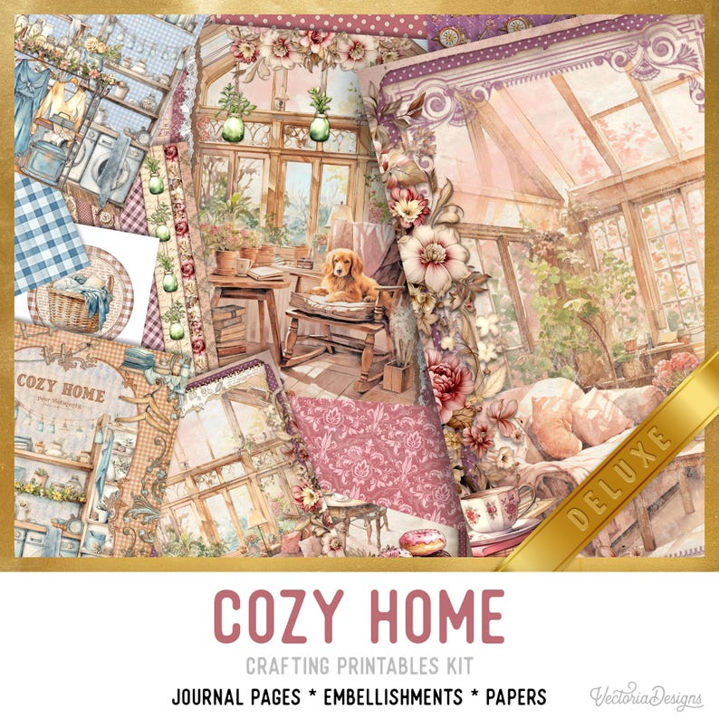 May include: A digital scrapbooking kit with the title "Cozy Home" featuring images of a cozy home interior with floral accents, a window with a view of a garden, and a dog sitting on a chair. The kit includes journal pages, embellishments, and papers.
