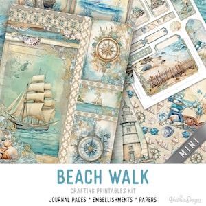 Beach Walk Junk Journal Kit MINI, Beach Crafting Printables Kit Nautical Embellishments Printable Nautical Paper Kit Craft Kit 003407