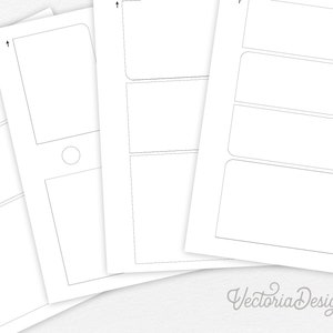 May include: Four printable blank templates for creating labels, cards, or other paper crafts. The templates are all white with black outlines.