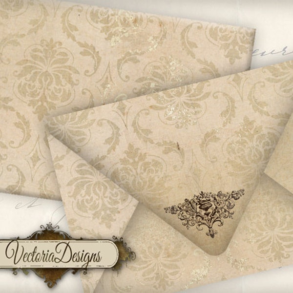 Damask Envelopes, Printable Envelopes, Scrapbook Paper, Shabby Elegant Envelopes, Digital Clip Art, Damask Sheets, Digital Download 000577