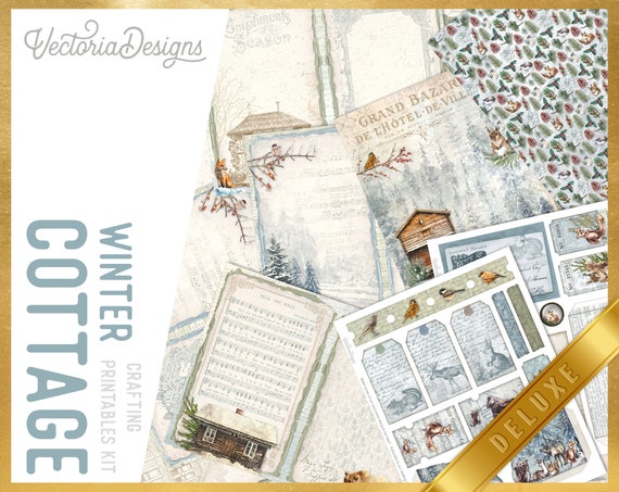 Winter Cottage Junk Journal Kit DELUXE - Printable Pages, Papers and Embellishments for Crafting - 002800