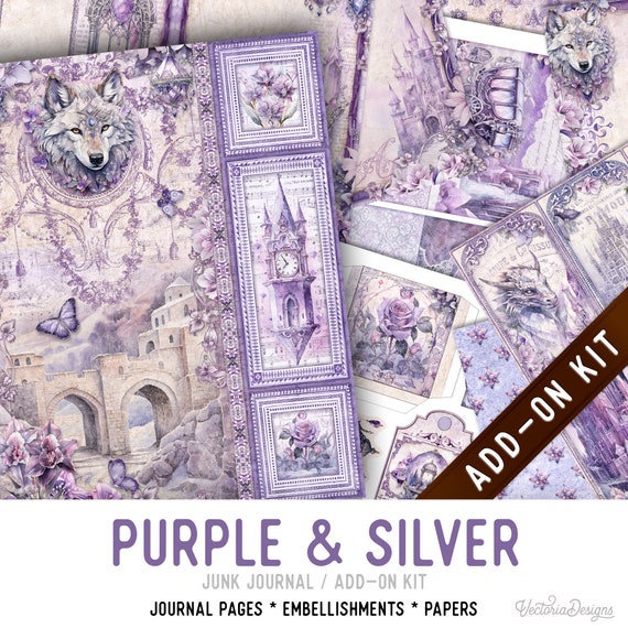 Purple & Silver Junk Journal Kit ADD-ON, Printable Craft kit with Journal Pages, Embellishments and Papers - 003423