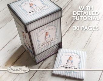 Alice in Wonderland Tea Box Tutorial + Printables Paper Crafting box pattern tea bag how to digital download digital sheet S3I1 - 001638