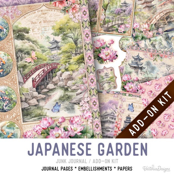 Japanese Garden Junk Journal Kit, Printable Pages, Embellishments, Papers (Add-On) - 003456
