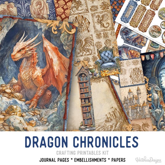 Dragon Chronicles Junk Journal Kit (Standard) - Printable Pages, Papers and Embellishments for Crafting - 003837
