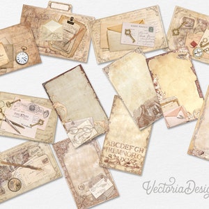 May include: A set of 12 vintage-style printable digital papers featuring a variety of designs, including keys, envelopes, and old-fashioned writing paper. The papers are perfect for scrapbooking, card making, and other paper crafts.