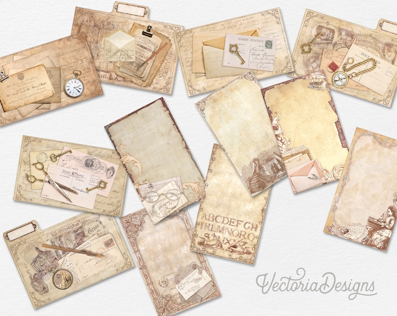 May include: A set of 12 vintage-style printable digital papers featuring a variety of designs, including keys, envelopes, and old-fashioned writing paper. The papers are perfect for scrapbooking, card making, and other paper crafts.