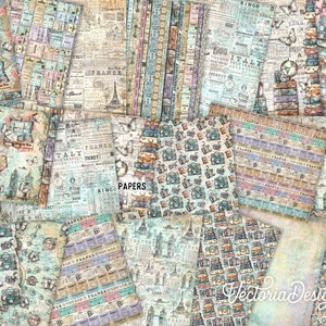 May include: A collection of digital papers featuring vintage travel themed designs. The papers include images of suitcases, maps, tickets, and other travel-related items. The papers are in a variety of colors, including blue, green, pink, and yellow. The papers are perfect for scrapbooking, card making, and other paper crafts.