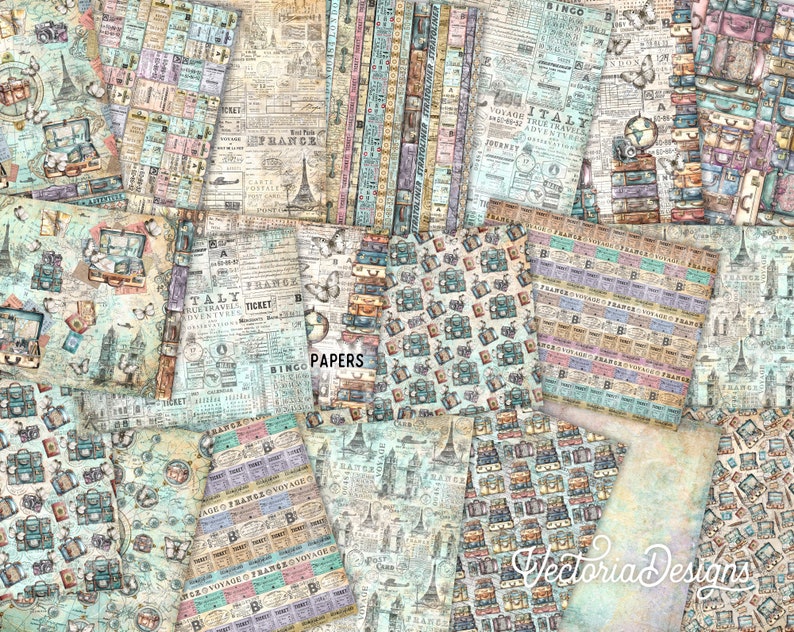 May include: A collection of digital papers featuring vintage travel themed designs. The papers include images of suitcases, maps, tickets, and other travel-related items. The papers are in a variety of colors, including blue, green, pink, and yellow. The papers are perfect for scrapbooking, card making, and other paper crafts.