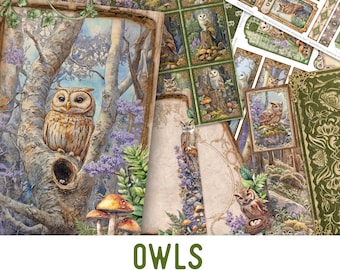 Owls Junk Journal Kit large, Owls Crafting Printables Owls Embellishments Owls Printable Owls Paper Owls Junk Journal Owls 003723