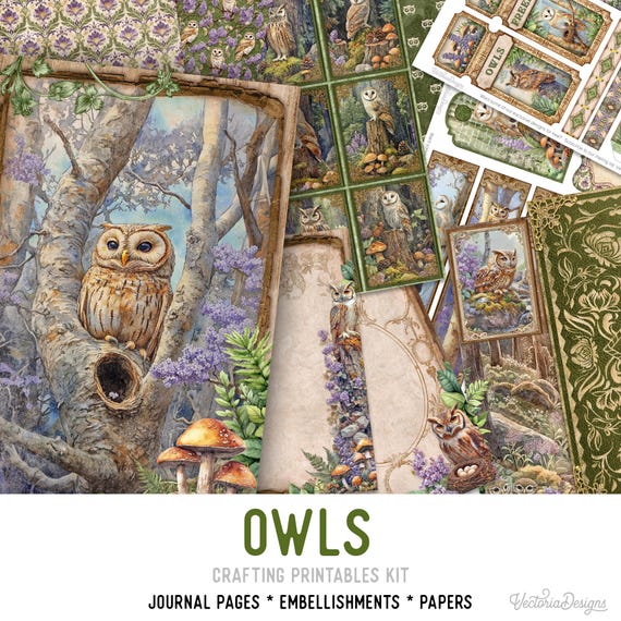 Owls Junk Journal Kit (Standard version) - Printable Pages, Papers and Embellishments for Crafting - 003723