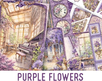 Purple Flowers Junk Journal Kit, Purple Floral Crafting Printables Purple Embellishments Printable Owls Paper Junk Journal Flowers 003639