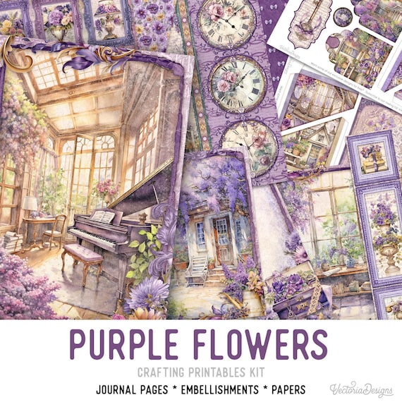 Purple Flowers Junk Journal Kit (Standard) - Printable Pages, Papers and Embellishments for Crafting - 003639