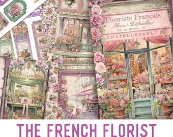 French Florist Junk Journal Kit, Flower Shop Crafting Printables Flower Embellishments Printable Paper Vintage Junk Journal Flowers 003554