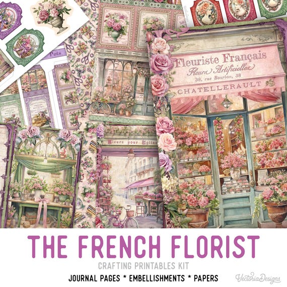French Florist Junk Journal Kit (Standard) - Printable Pages, Papers and Embellishments for Crafting - 003554