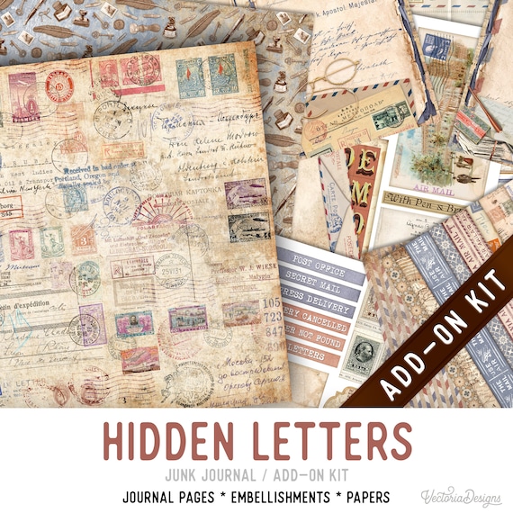 Hidden Letters Junk Journal Kit ADD-ON, Printable Craft kit with Journal Pages, Embellishments and Papers - 003343
