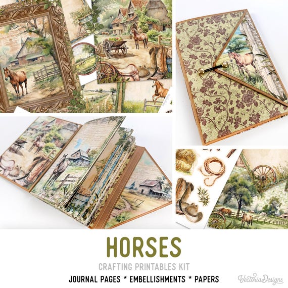 Horses Junk Journal Kit Standard - Printable Pages, Papers and Embellishments for Crafting - 003537