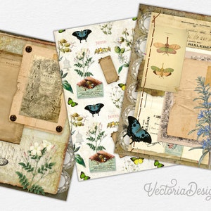 May include: A digital collage sheet with vintage style papers, floral patterns, butterflies, and text. The papers have a distressed look and include text like "Journal" and "Notes".