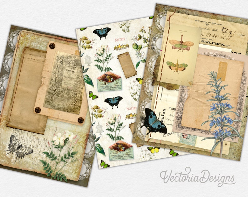 May include: A digital collage sheet with vintage style papers, floral patterns, butterflies, and text. The papers have a distressed look and include text like "Journal" and "Notes".