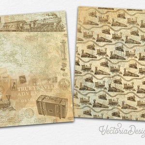 May include: A vintage-style digital paper pack featuring a train engine and a suitcase with the text "True Travels Adventures" on a background of a world map, stamps, and other travel-themed elements. The second image is a repeating pattern of train engines on a beige background.