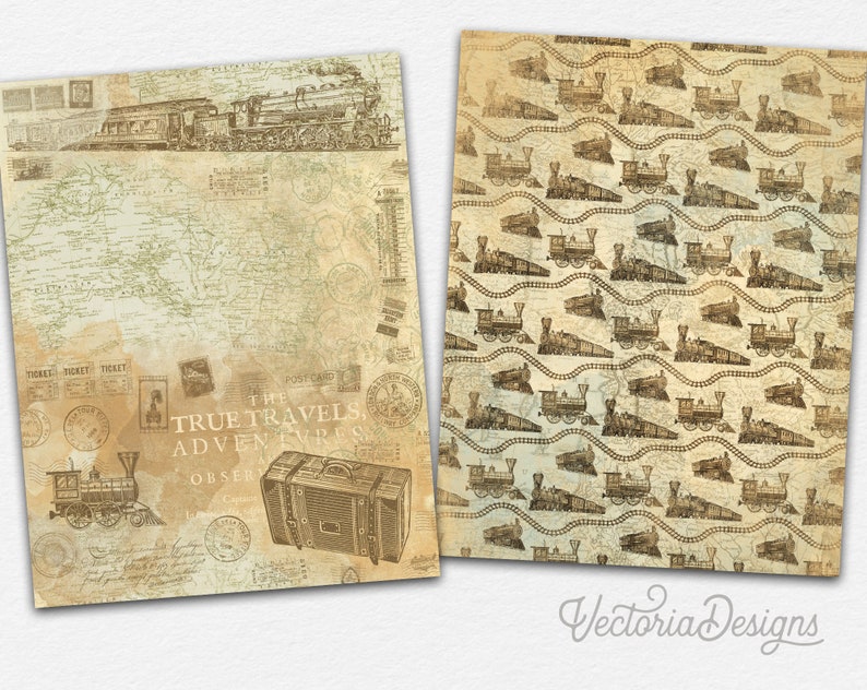May include: A vintage-style digital paper pack featuring a train engine and a suitcase with the text "True Travels Adventures" on a background of a world map, stamps, and other travel-themed elements. The second image is a repeating pattern of train engines on a beige background.