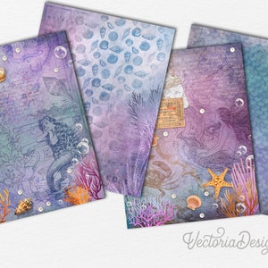 May include: Four digital paper backgrounds featuring a mermaid, seashells, coral, and bubbles in shades of purple, blue, and green. The papers are perfect for scrapbooking, card making, and other crafting projects.