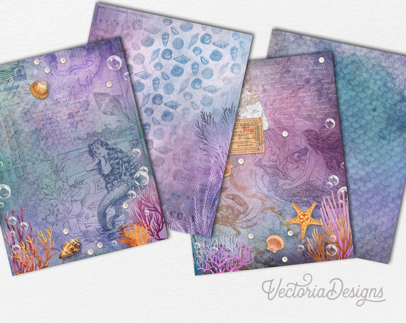 May include: Four digital paper backgrounds featuring a mermaid, seashells, coral, and bubbles in shades of purple, blue, and green. The papers are perfect for scrapbooking, card making, and other crafting projects.