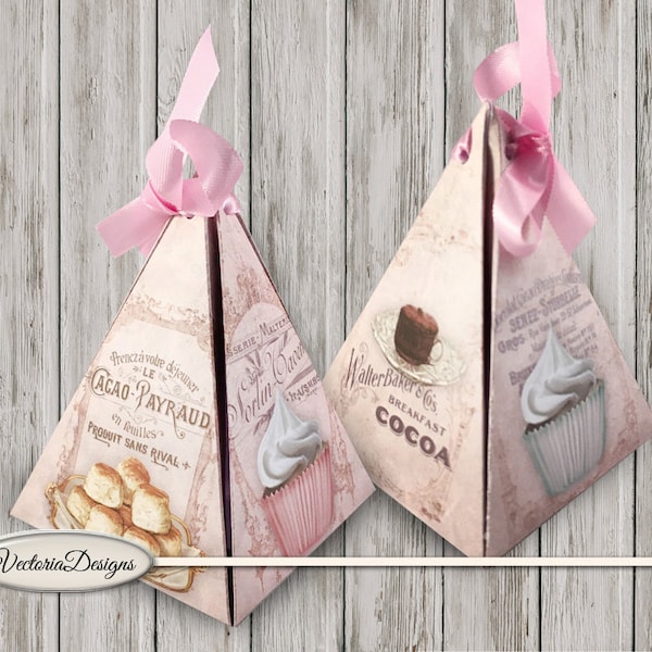 Vintage Patisserie pyramid box printable diy paper crafting pink favor digital download instant download digital collage sheet - 001152