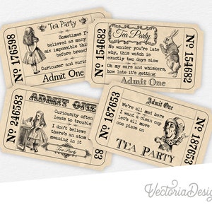 Alice In Wonderland Tickets, Tea Party Tickets, Invitation Tickets, Printable Tickets, Digital Download, Quotes Tickets, Paper Art 000387